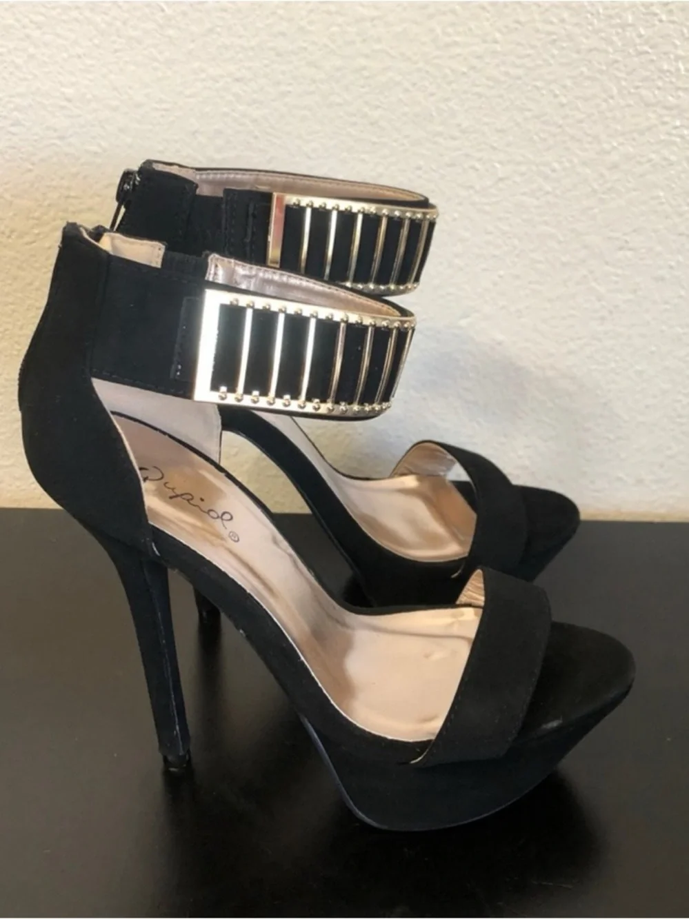 Women's Black Platform High Heel Sandals with Gold Accent Ankle Strap